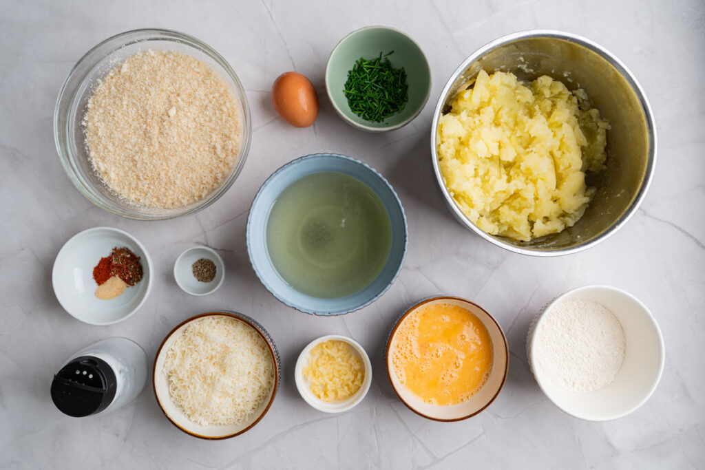 potato bites ingredients in bowls on counter