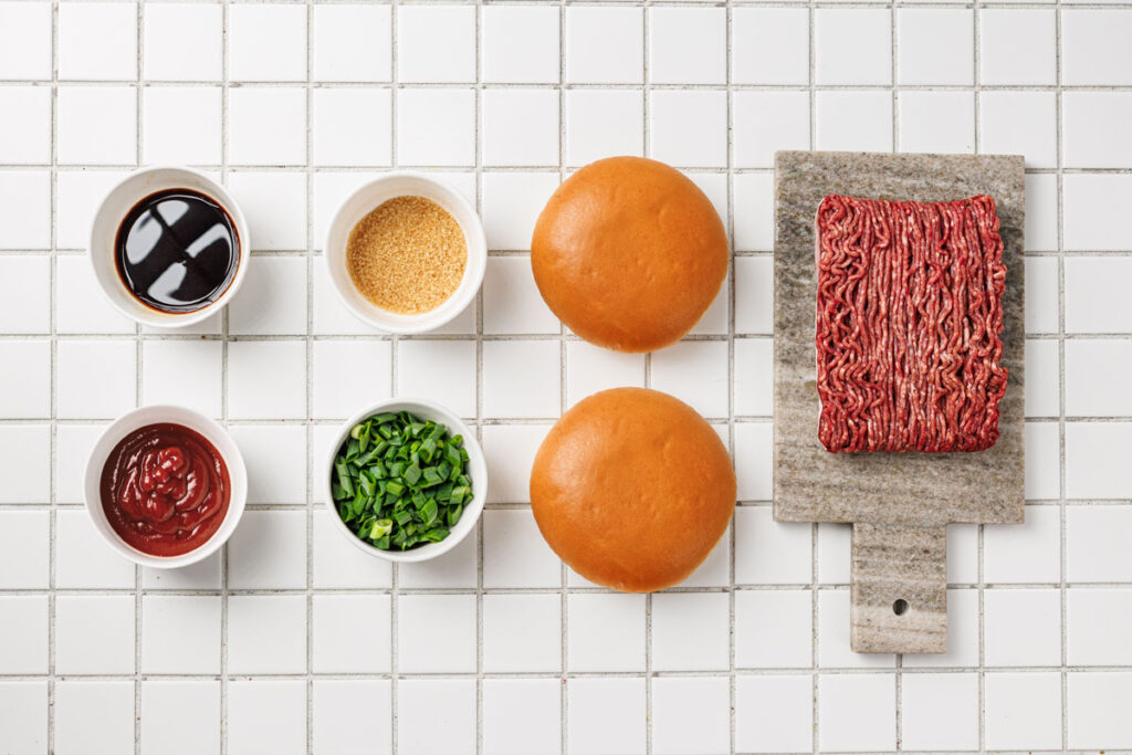 korean sloppy joes ingredients on tiled countertop