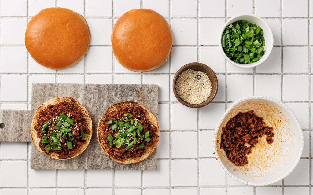 overhead view assembling korean sloppy joes