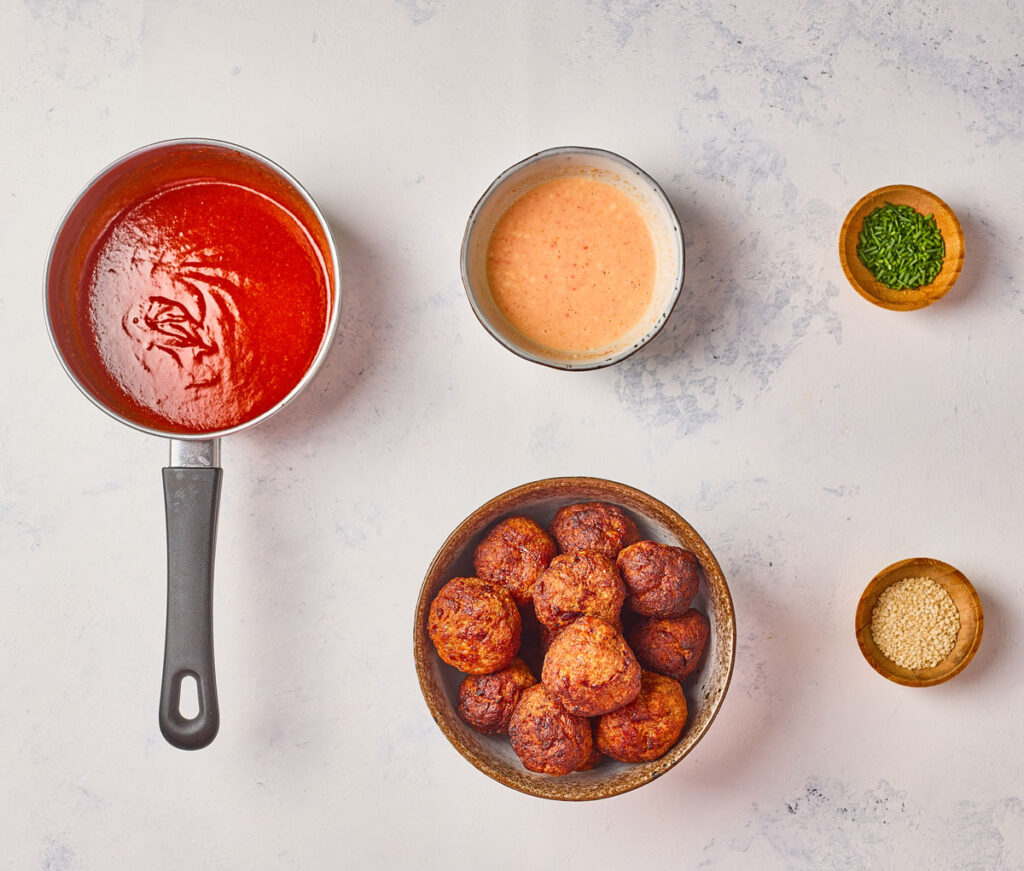 ingredients for assembling korean meatballs with sauce
