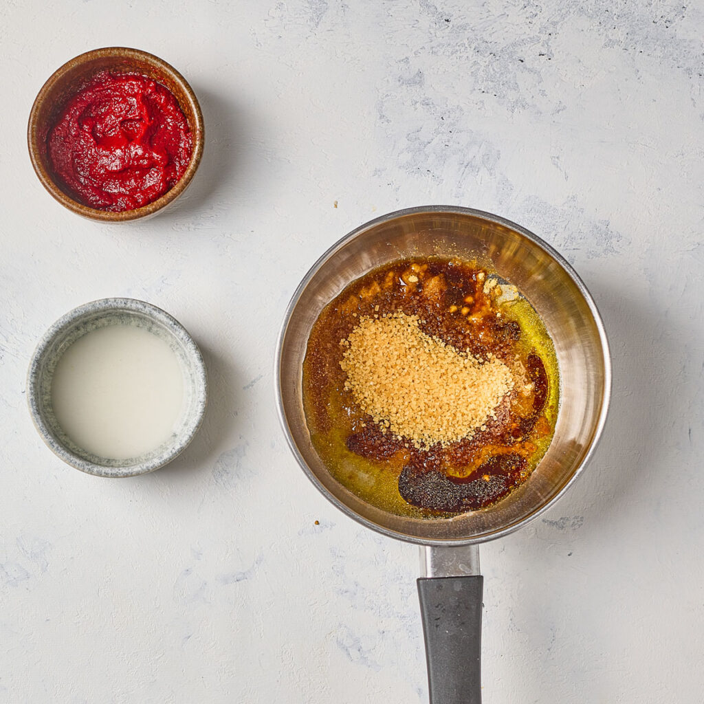 korean meatballs sauce ingredients in bowls and saucepan