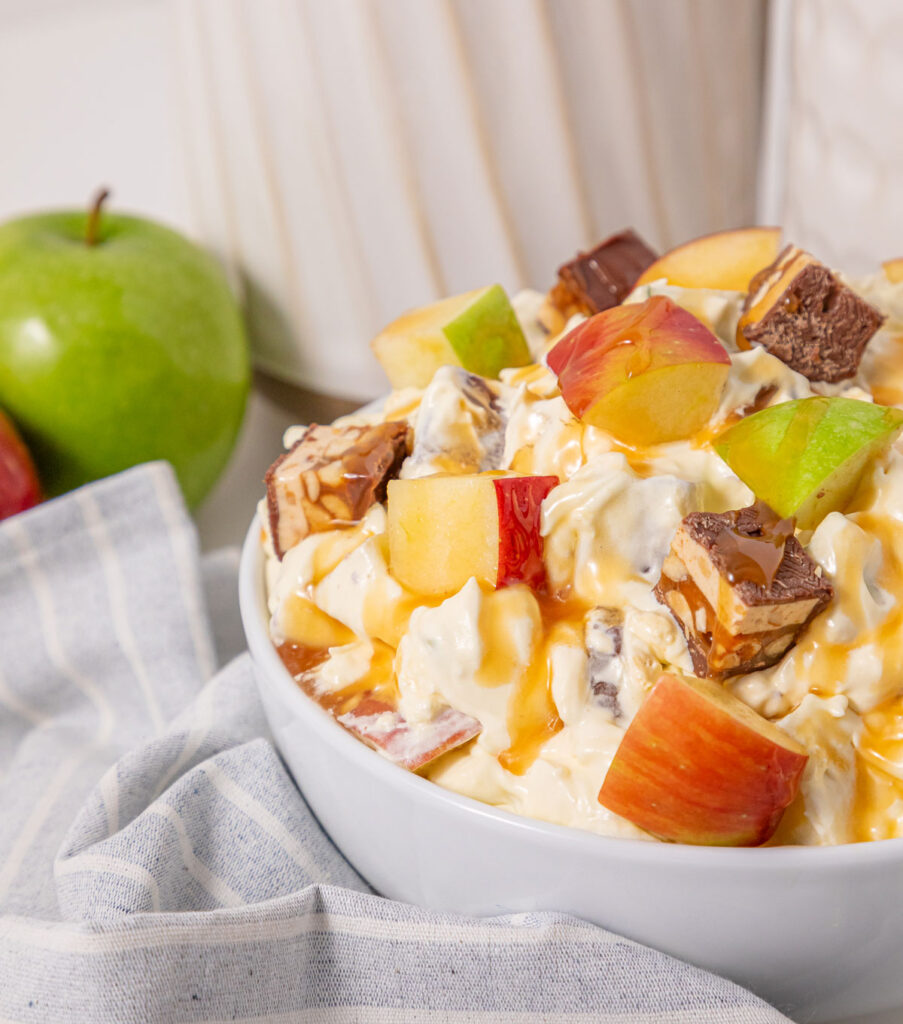 white bowl of snickers apple salad