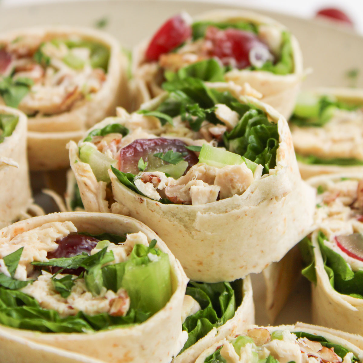 macro shot of chicken salad pinwheels