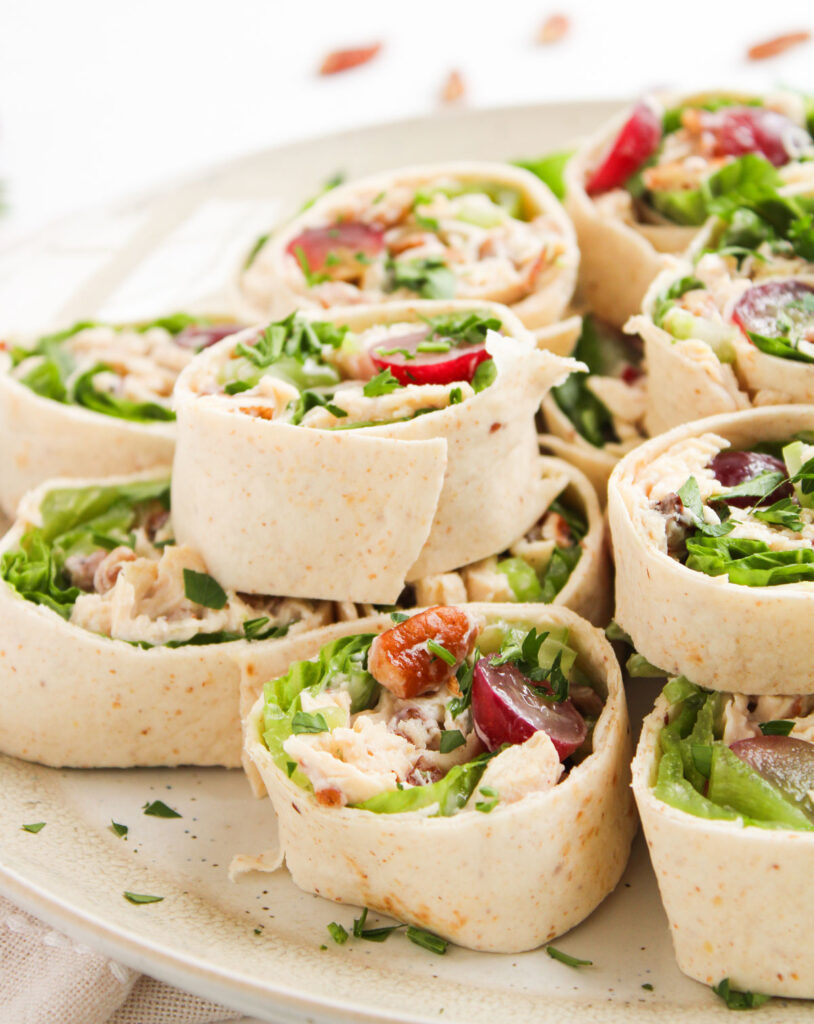 close up of chicken salad pinwheels