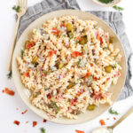 large plate of pickle pasta salad