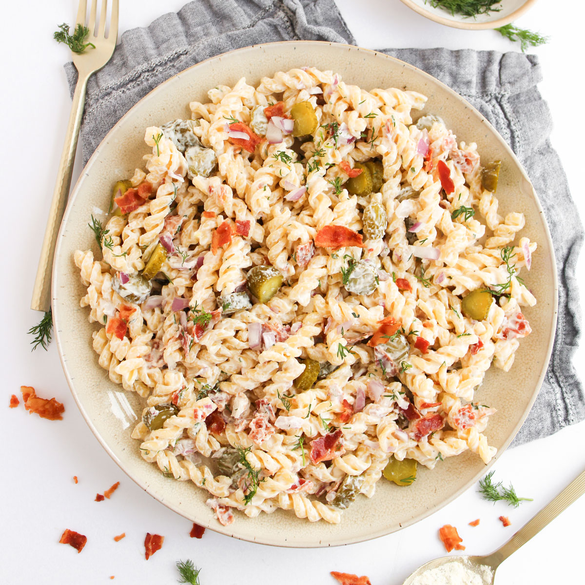 large plate of pickle pasta salad