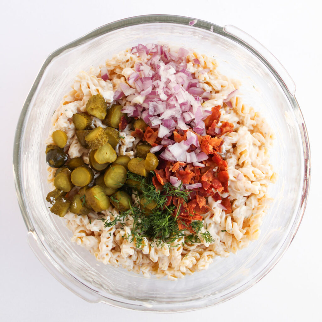 pickle pasta salad before mixing together