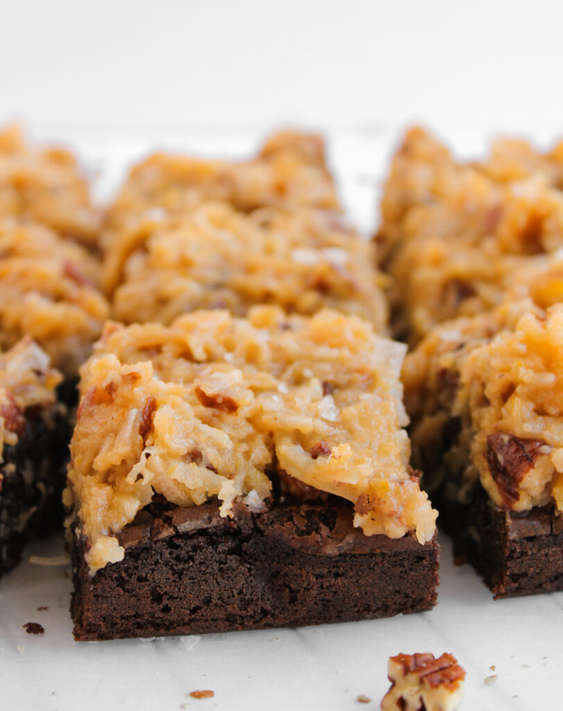 close up of german chocolate frosting brownies