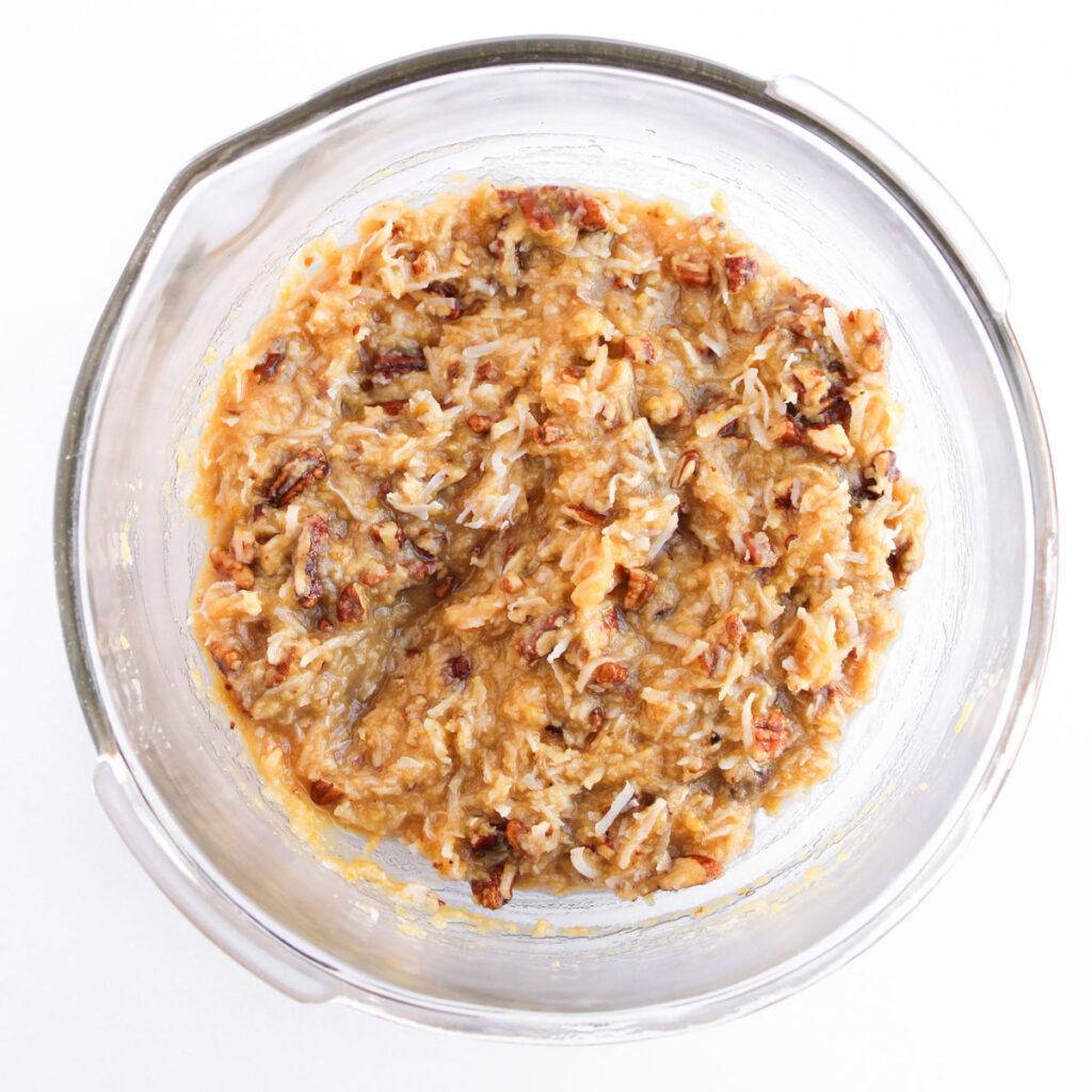 german chocolate frosting in glass bowl