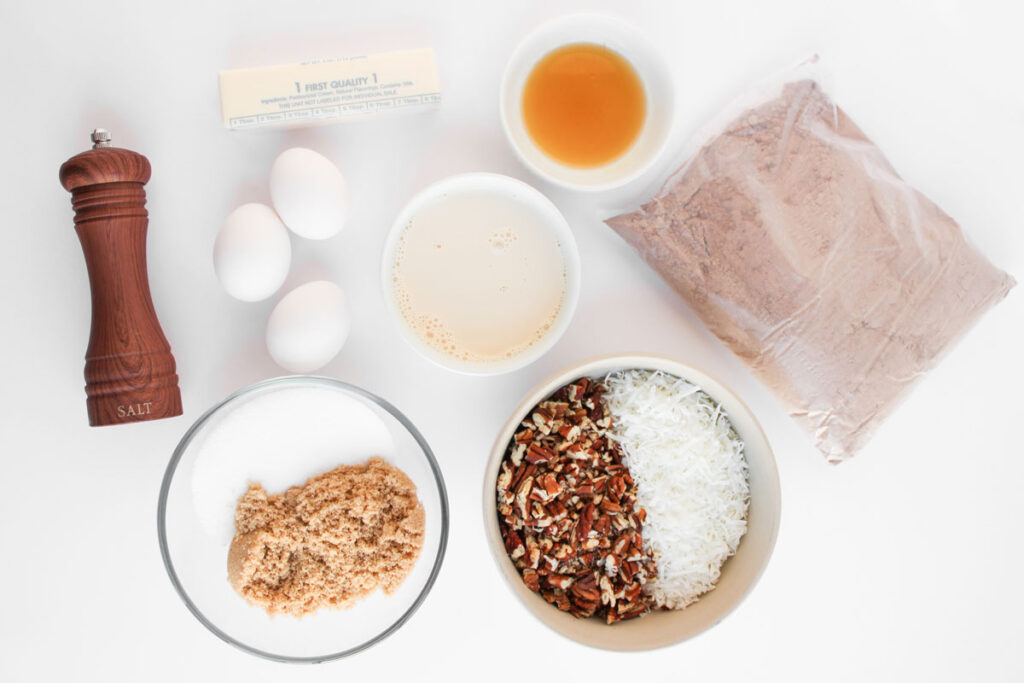 german chocolate frosting brownie ingredients on countertop