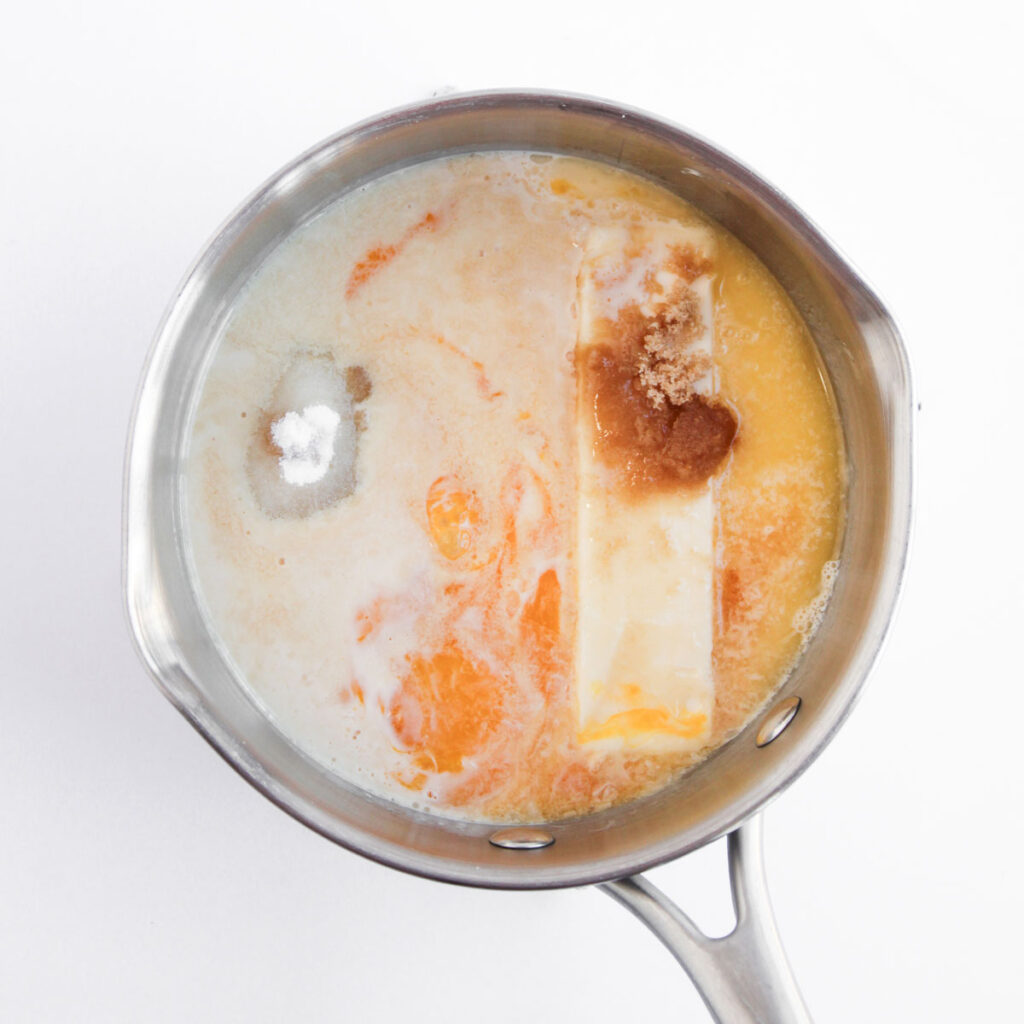 german chocolate frosting ingredients in saucepan