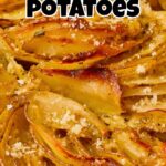 close up of scalloped potatoes with recipe name overlay